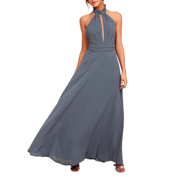 Lulus First Comes Love Denim Blue Backless Keyhole Cutout Maxi Dress Size M - Picture 1 of 11